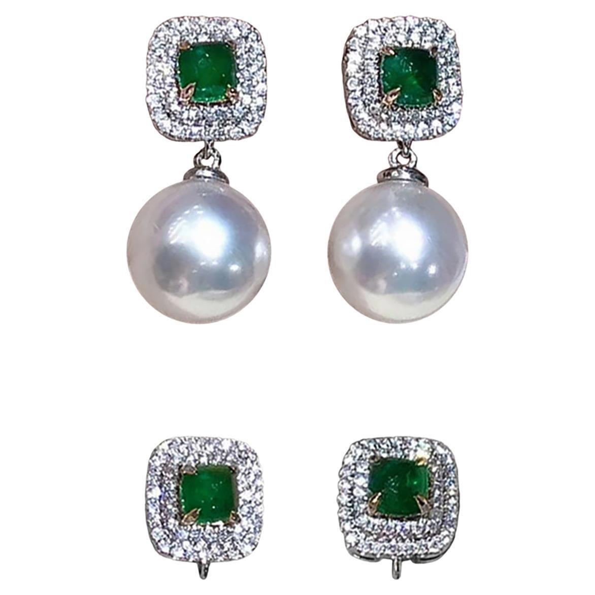 【Crown Radiance】Convertible Aurora Akoya Pearl Emerald Diamond Earrings