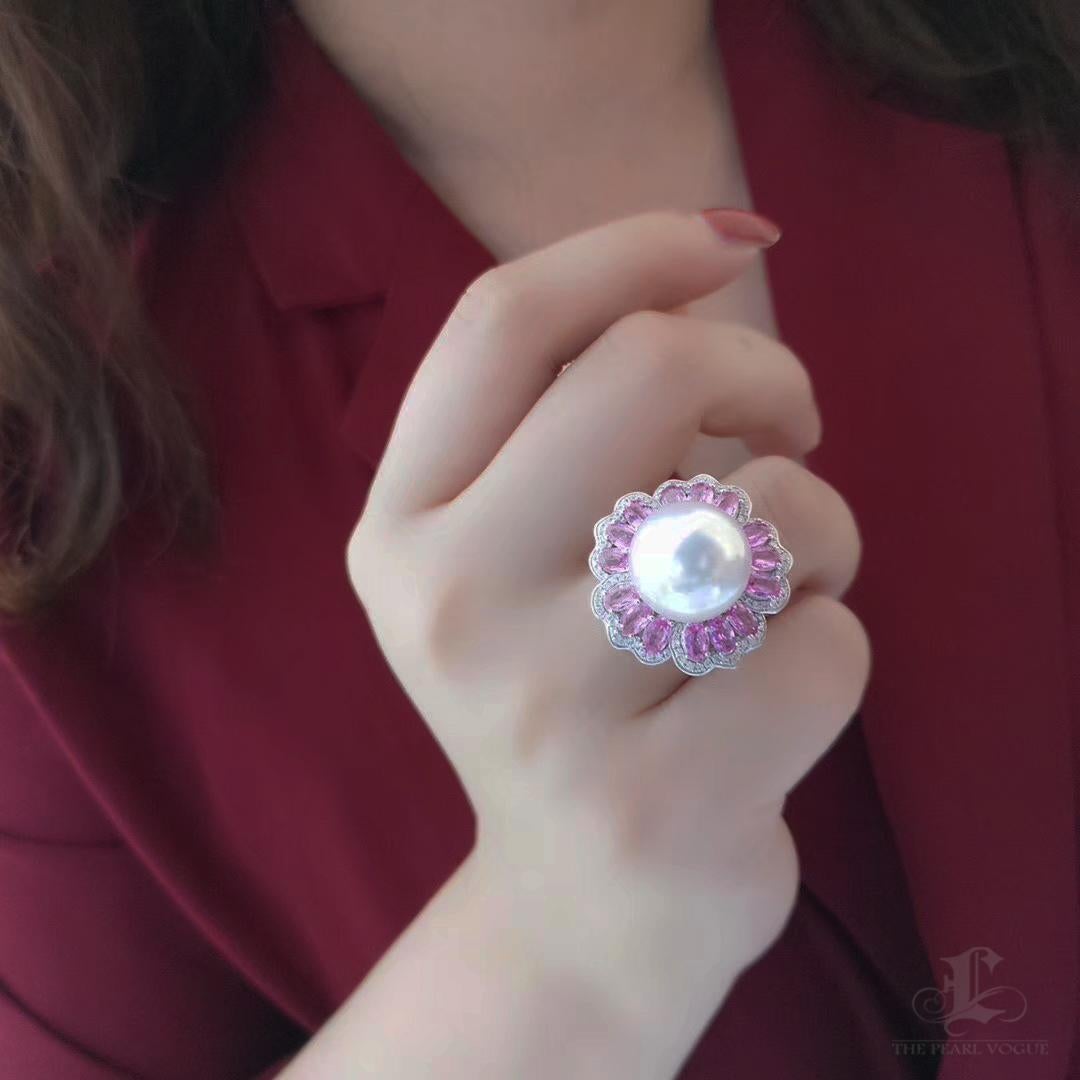 【Vine Symphony】Convertible Pink Sapphire South Sea Pearl Ring Pendant For Sale 5