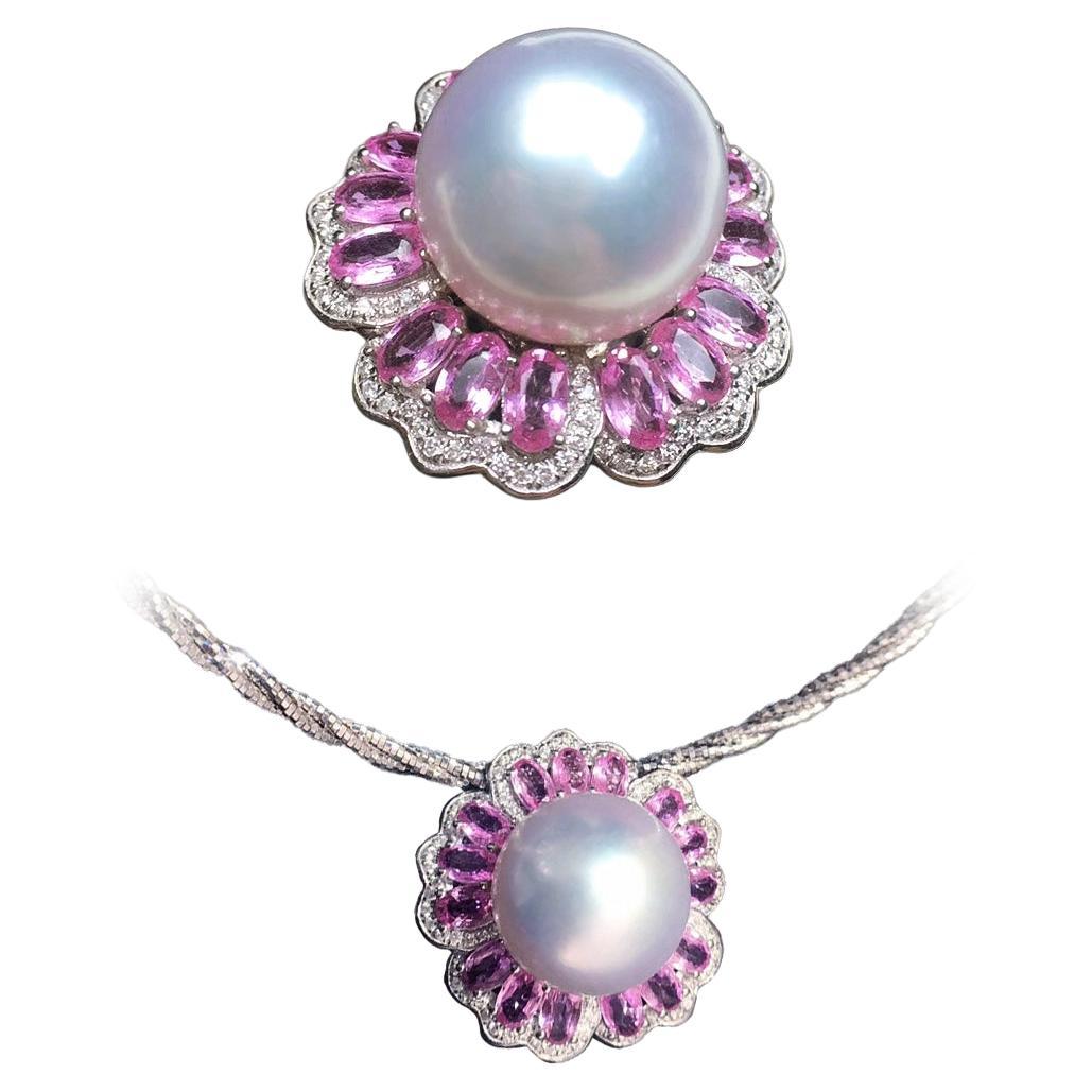 【Crown Radiance】Convertible Pink Sapphire South Sea Pearl Ring Pendant