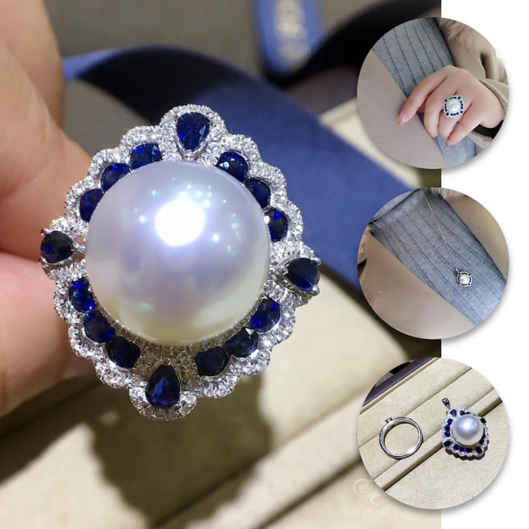 【Crown Radiance】Convertible Saphir Diamant Aurora Südsee Perlen Ring Anhänger (Ungeschliffen) im Angebot