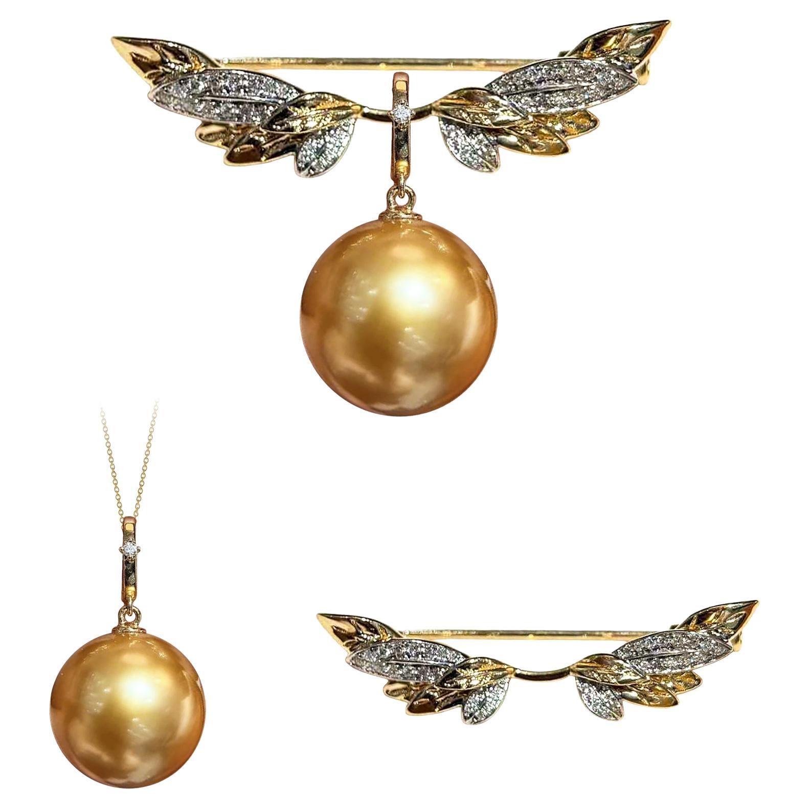 【Crown Radiance】Convertible South Sea Golden Pearl Brooch Pendant in 18K Gold