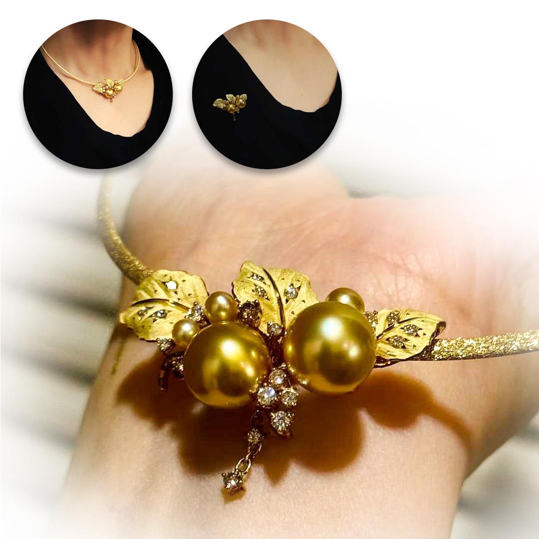 Non taillé 【Crown Radiance】Convertible South Sea Golden Pearl Diamond Necklace-Brooch en vente