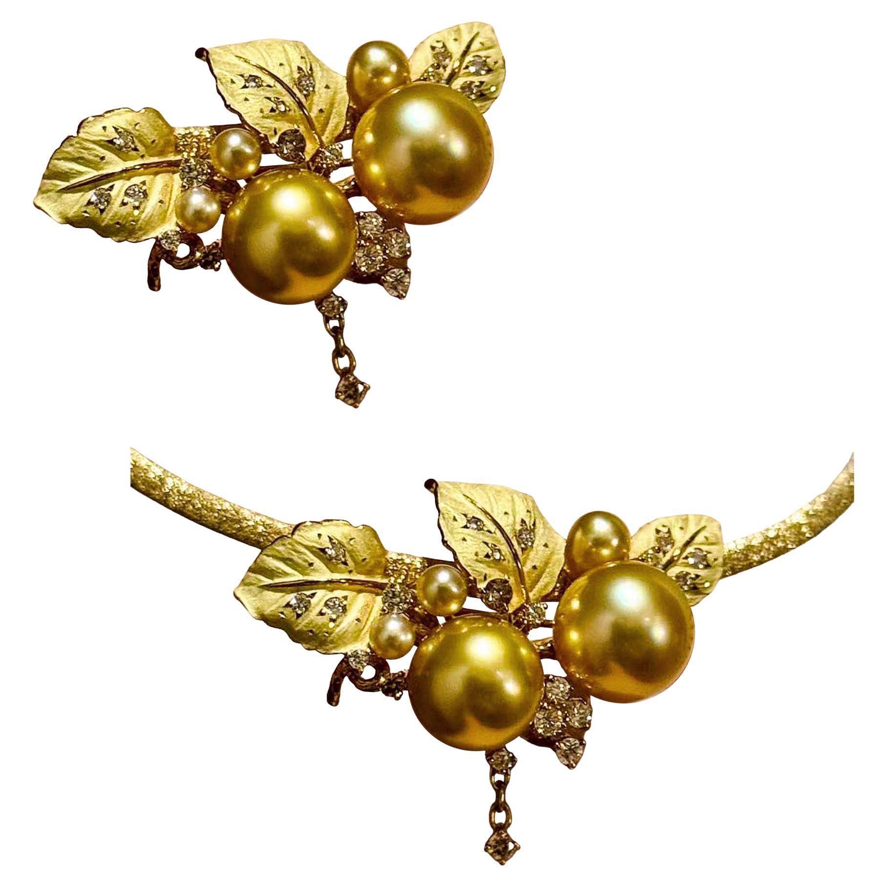 【Crown Radiance】Convertible South Sea Golden Pearl Diamond Necklace-Brooch en vente