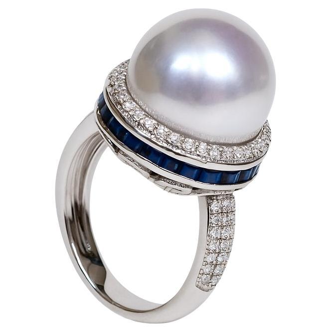 Corona Radiosa】 Anello di diamanti con perle dei mari del sud e zaffiri a raggiera in vendita
