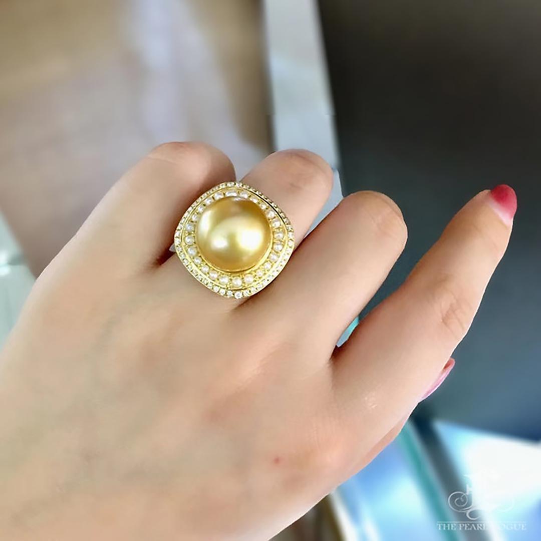 Grezzo Anello con diamanti di perle dei mari del sud da 14-15 mm in vendita