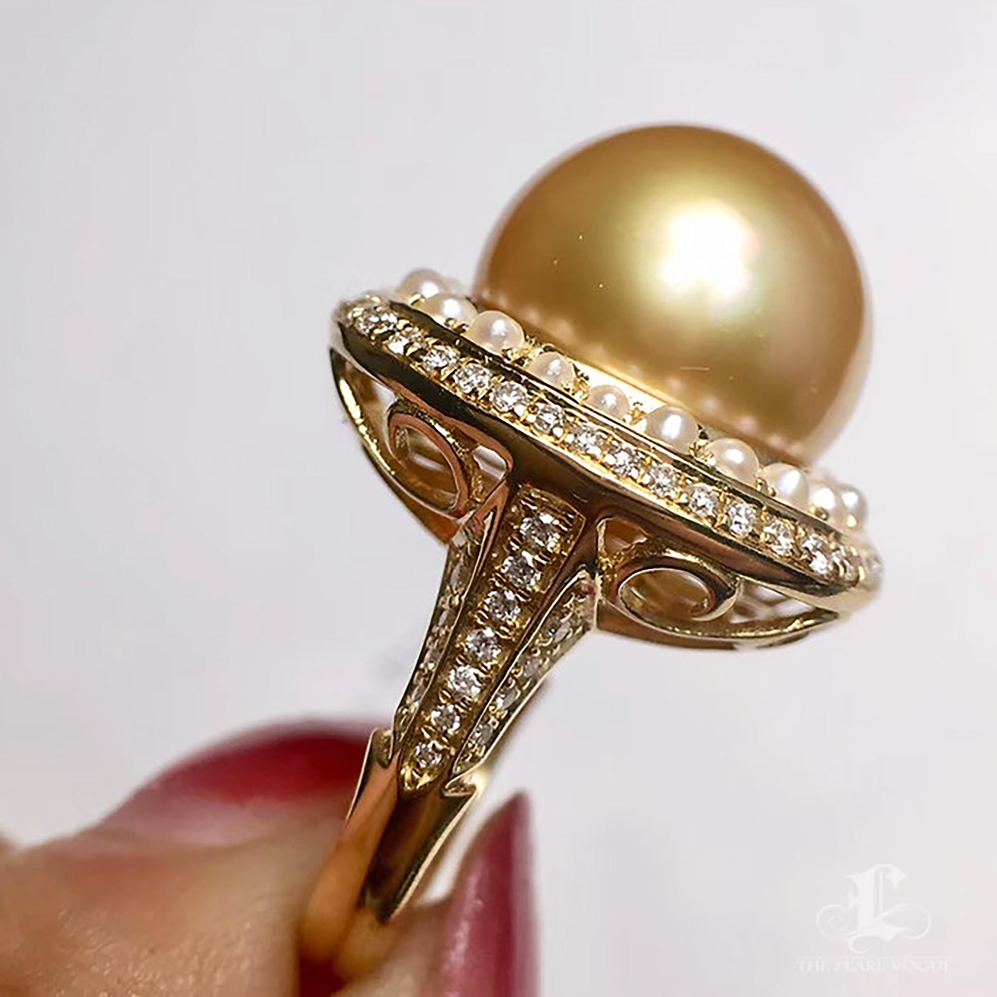 Donna Anello con diamanti di perle dei mari del sud da 14-15 mm in vendita