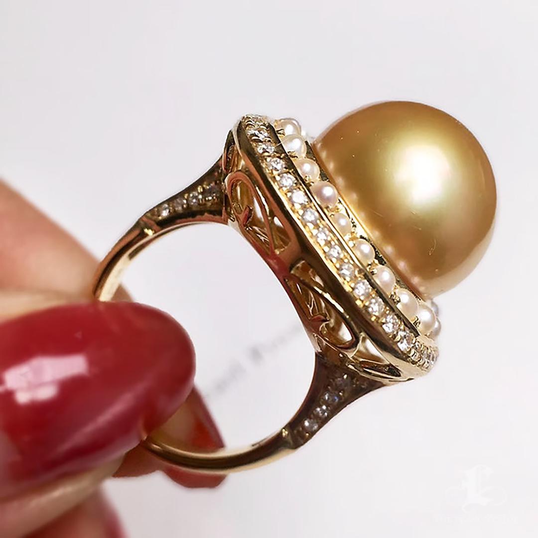 Anello con diamanti di perle dei mari del sud da 14-15 mm in vendita 1