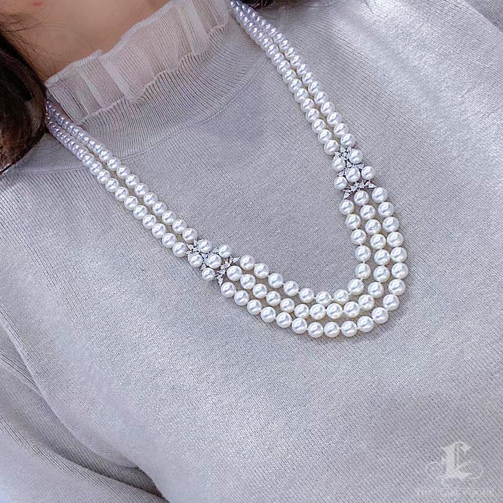 Corona Radiosa】Collana di perle Akoya a più fili con chiusura a diamante In condizioni Nuovo in vendita a New York, NY