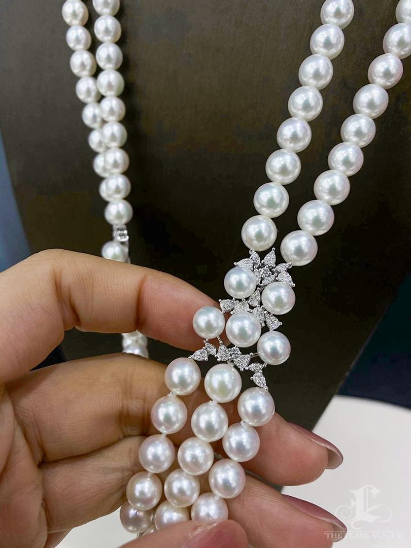 Corona Radiosa】Collana di perle Akoya a più fili con chiusura a diamante in vendita 1