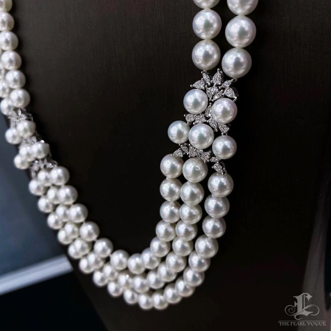 Corona Radiosa】Collana di perle Akoya a più fili con chiusura a diamante in vendita 2