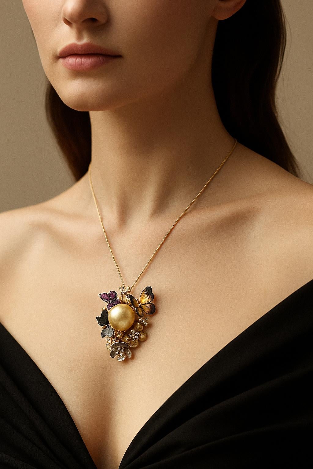 Uncut 【Crown Radiance】Diamond Dust Butterfly Garden 14.3mm South Sea Pearl Pendant For Sale