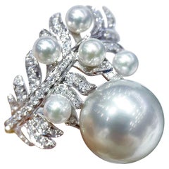 【Crown Radiance】Diamond Leaf Spray South Sea Pearl Sculptural Ring