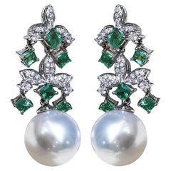 【Vine Symphony】Emerald Bloom Aurora South Sea Pearl Diamond Earrings
