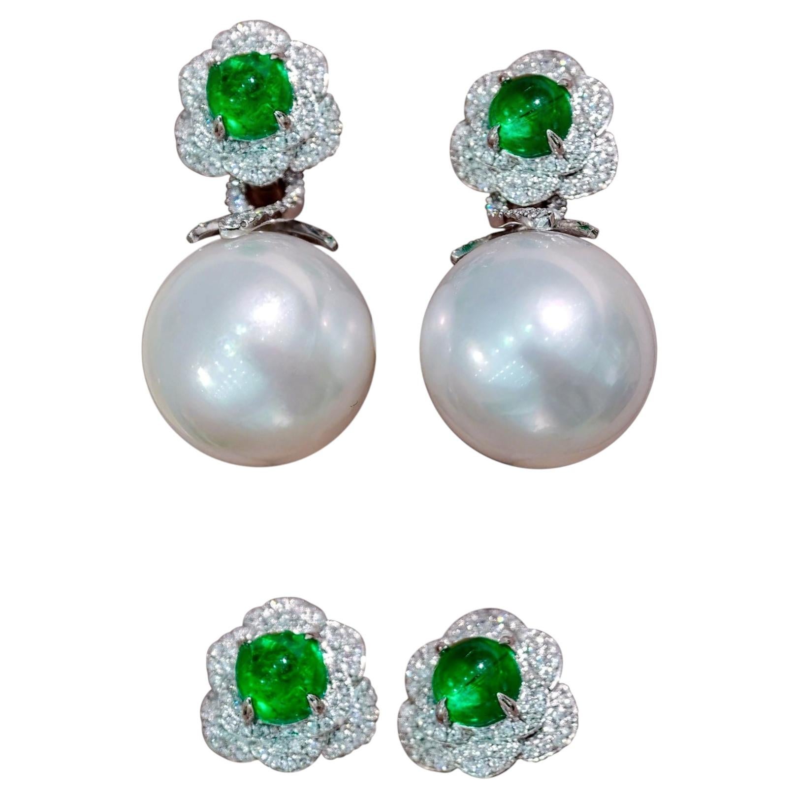 【Crown Radiance】Pendientes convertibles con perlas del Mar del Sur y flores de esmeralda en venta