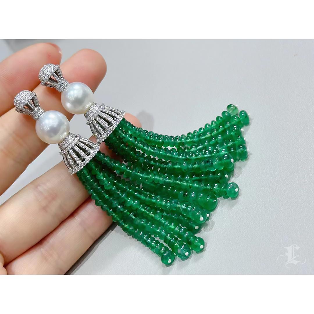 【Crown Radiance】Emerald Tassel & South Sea Pearl Masterpiece Earrings In New Condition For Sale In New York, NY