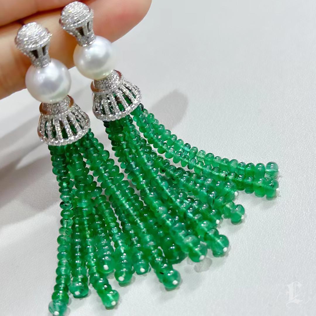 Men's 【Crown Radiance】Emerald Tassel & South Sea Pearl Masterpiece Earrings For Sale