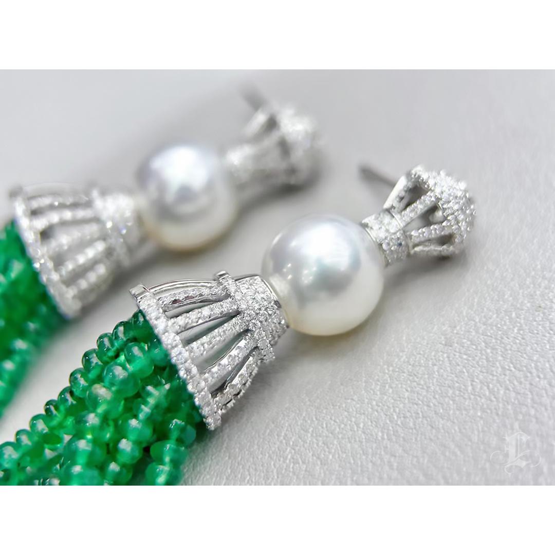 【Crown Radiance】Emerald Tassel & South Sea Pearl Masterpiece Earrings For Sale 1