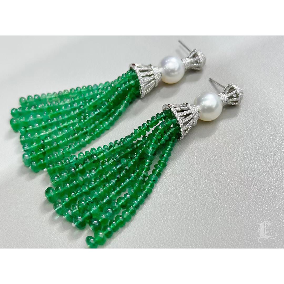 【Crown Radiance】Emerald Tassel & South Sea Pearl Masterpiece Earrings For Sale 3