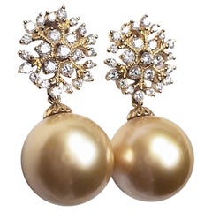 【Vine Symphony】Gilded Snowfall Golden South Sea Pearl Diamond Drop Earrings