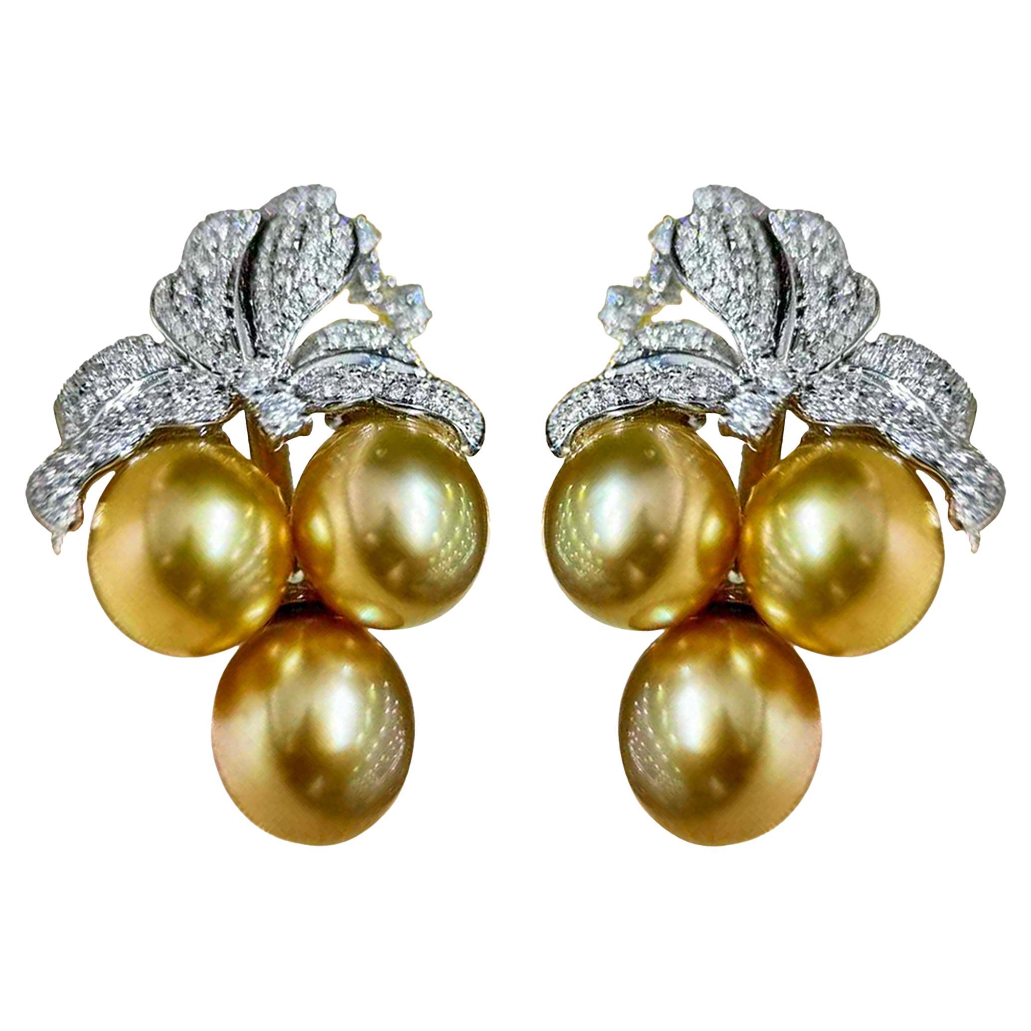 【Crown Radiance】Golden Bloom South Sea Pearl Cluster Diamond Earrings
