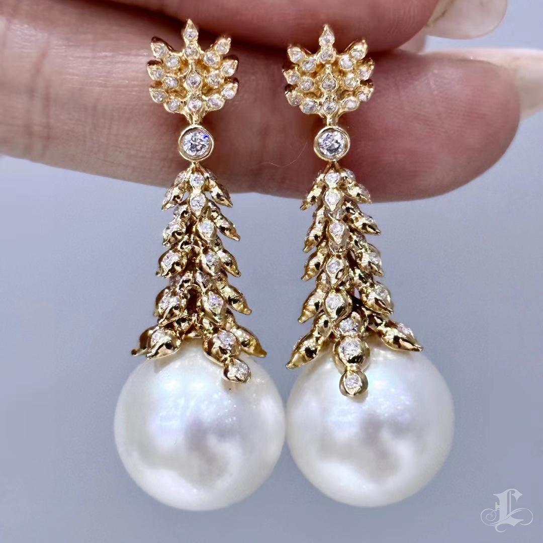 【Crown Radiance】Boucles d'oreilles or Cascade Aurora Perle des mers du Sud Diamant Pour femmes en vente