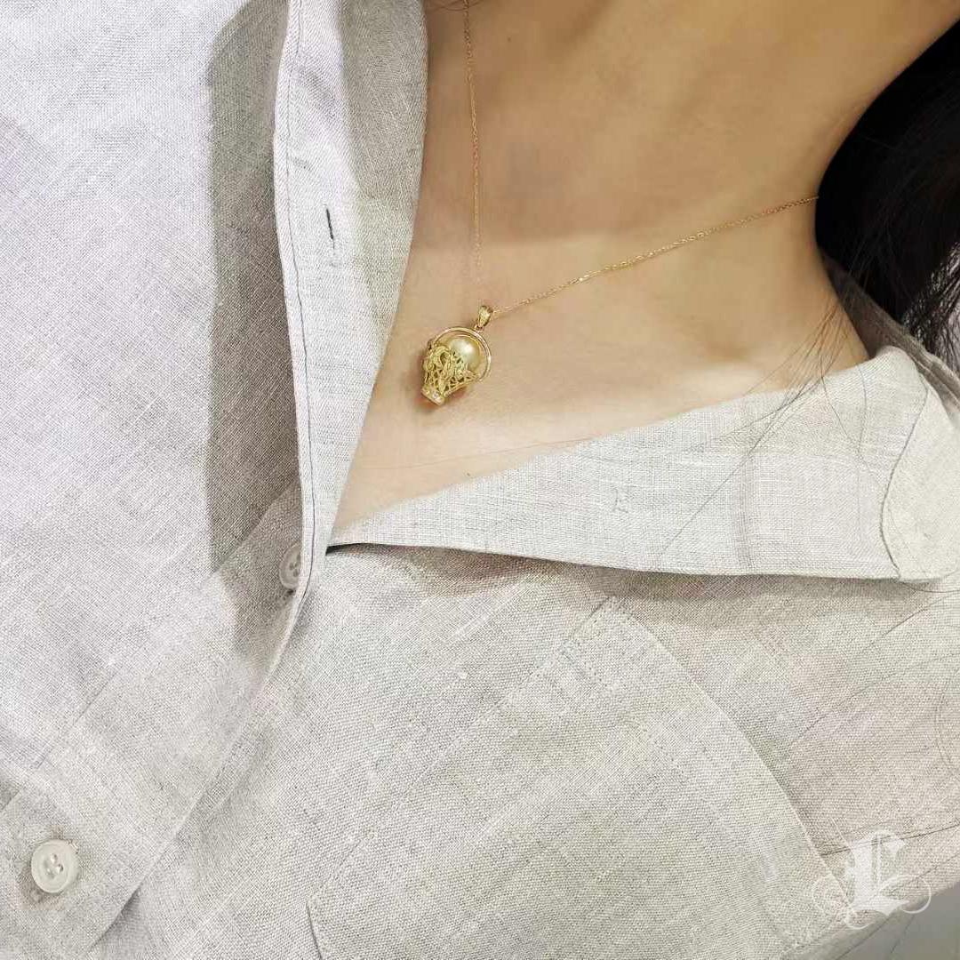 Uncut 【Crown Radiance】Golden South Sea Pearl & Diamond Basket Pendant For Sale