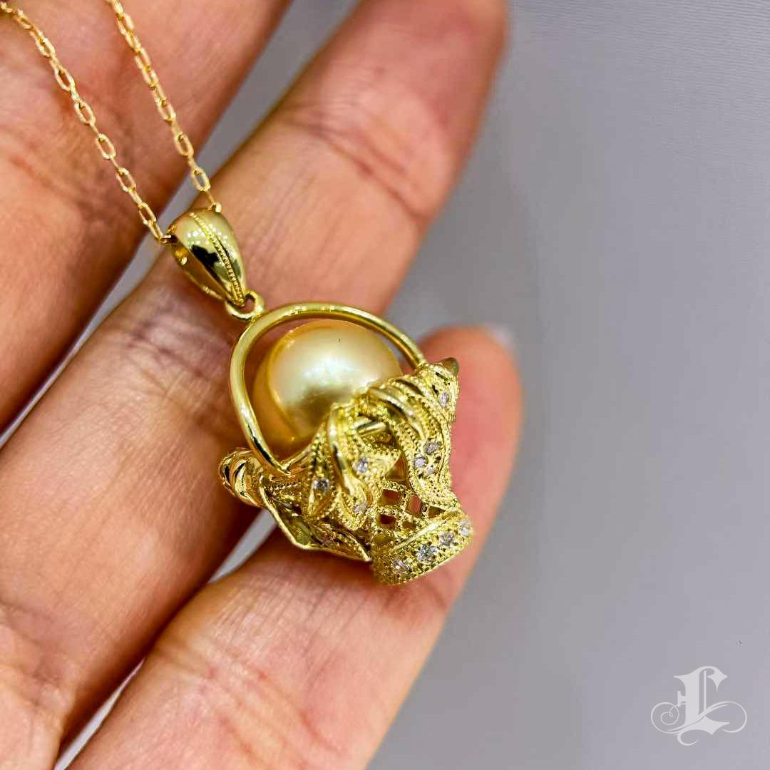 【Crown Radiance】Golden South Sea Pearl & Diamond Basket Pendant For Sale 3
