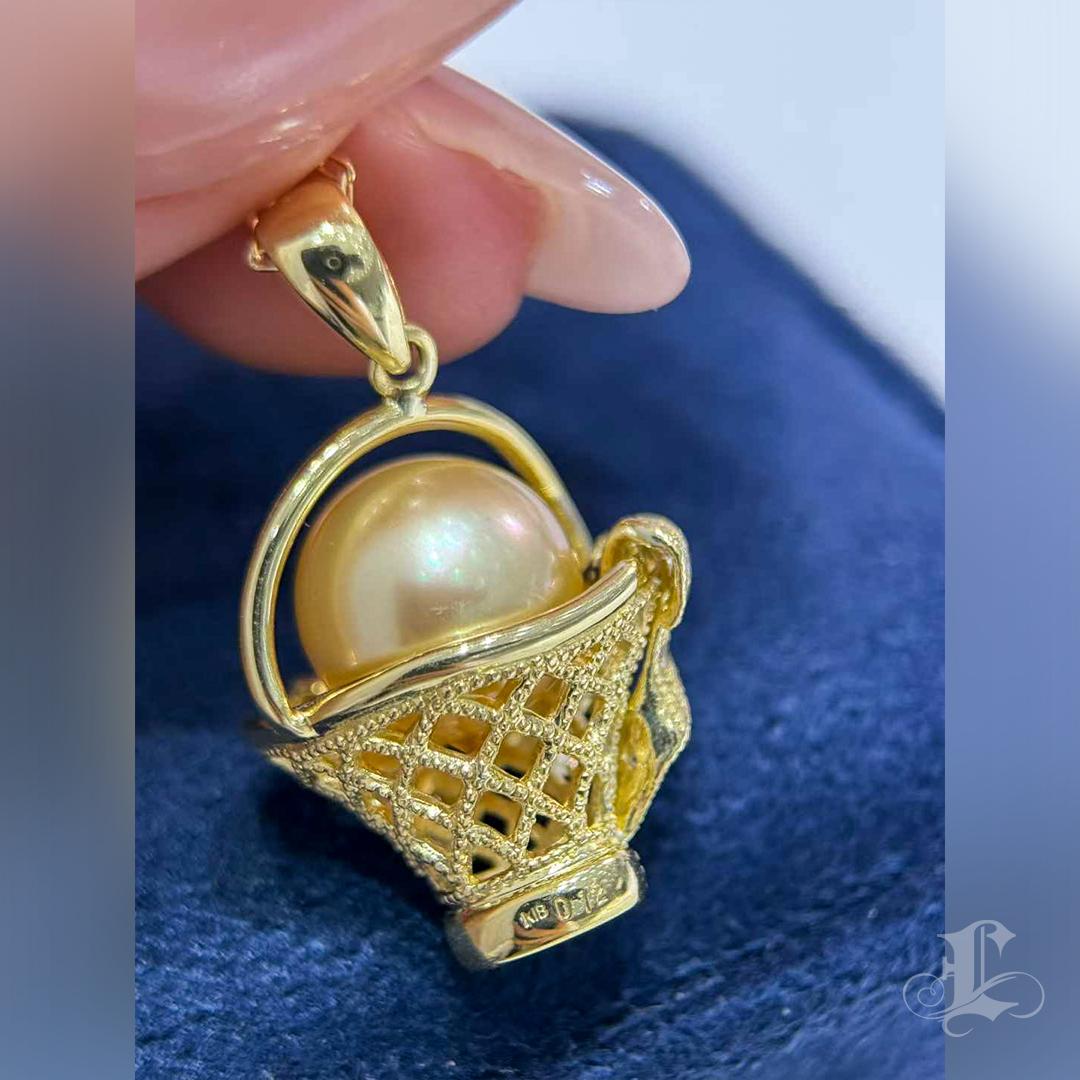 【Crown Radiance】Golden South Sea Pearl & Diamond Basket Pendant For Sale 4