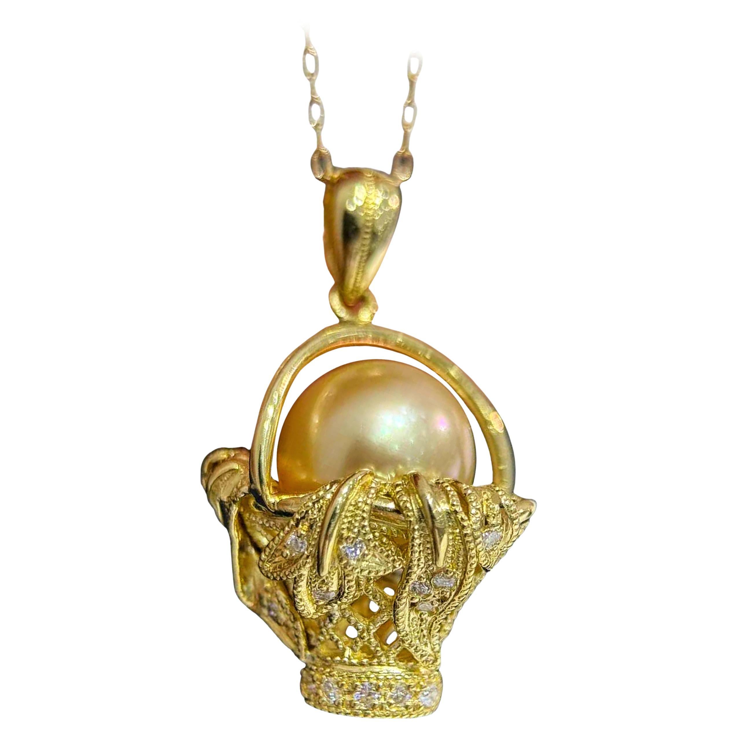 【Crown Radiance】Golden South Sea Pearl & Diamond Basket Pendant For Sale