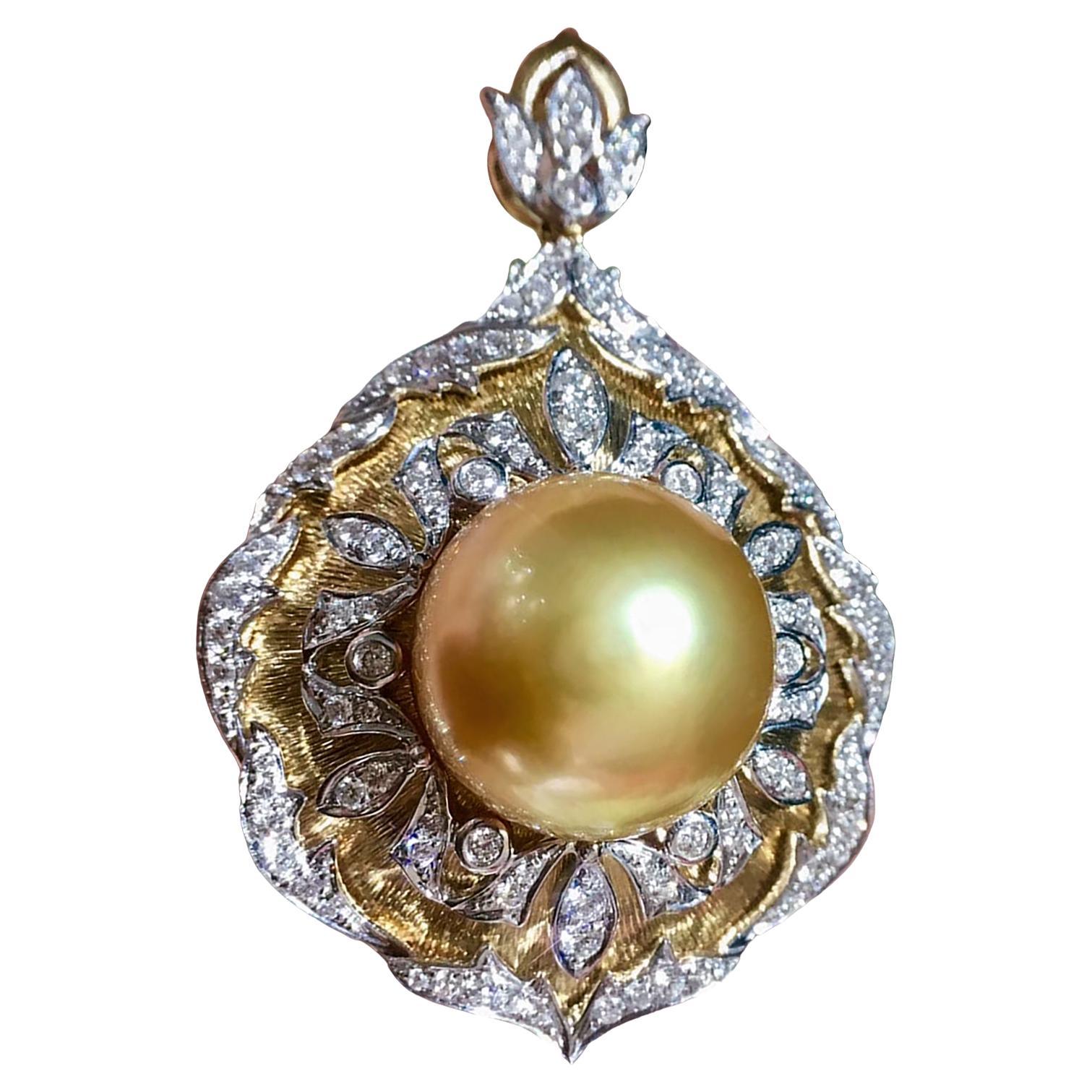 Ciondolo Regale con Diamante e Perla dei Mari del Sud Dorati