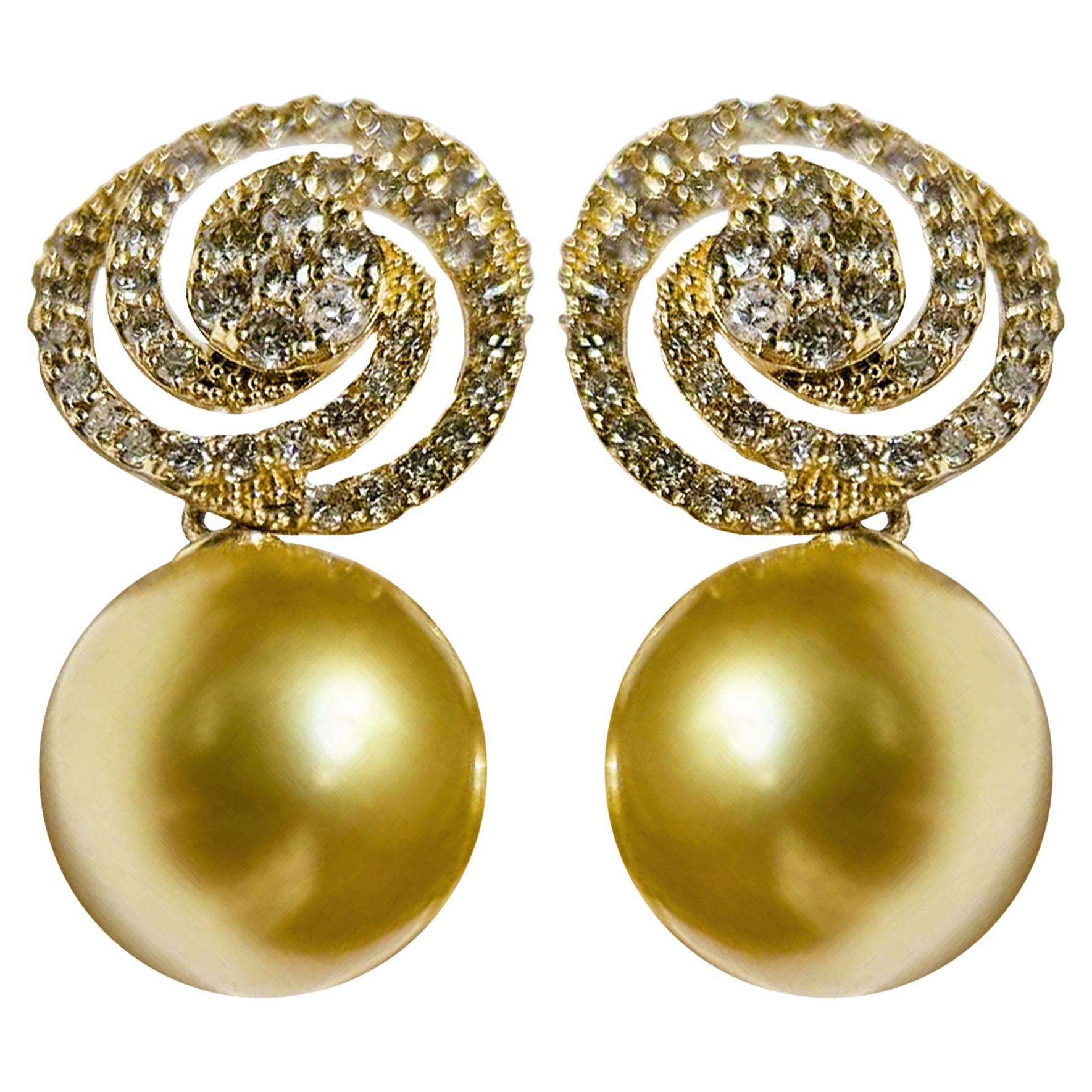 【Crown Radiance】Golden Spiral Aurora South Sea Pearl Diamond Earrings For Sale