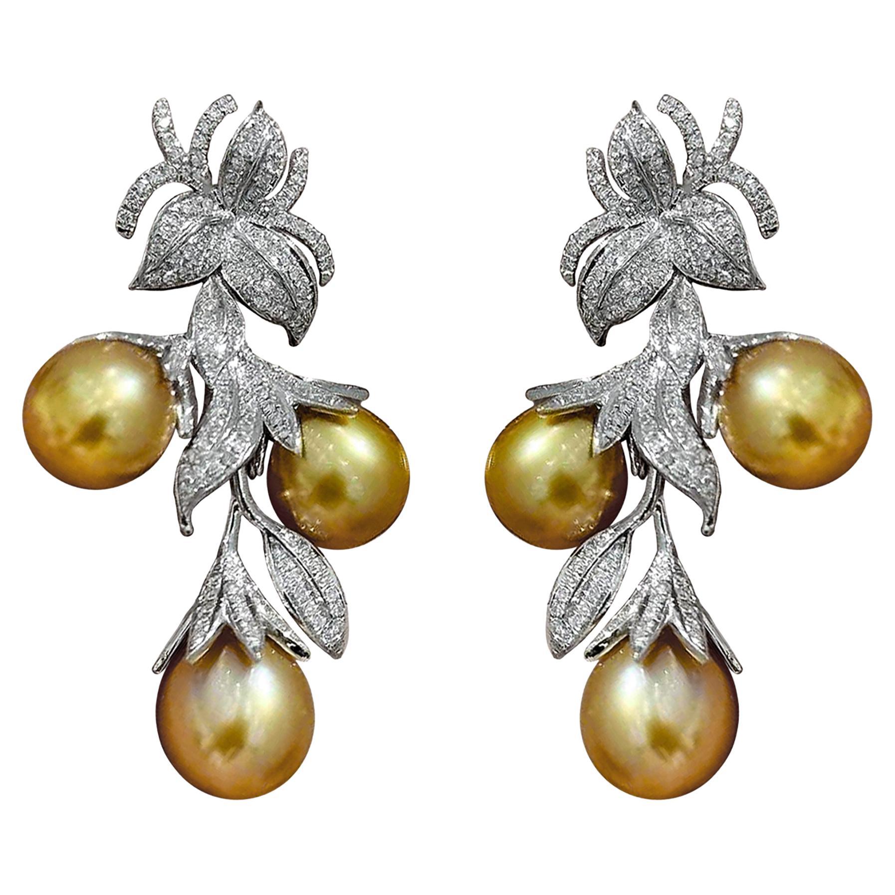 【Crown Radiance】Golden Vine Aurora South Sea Pearl Diamond Earrings