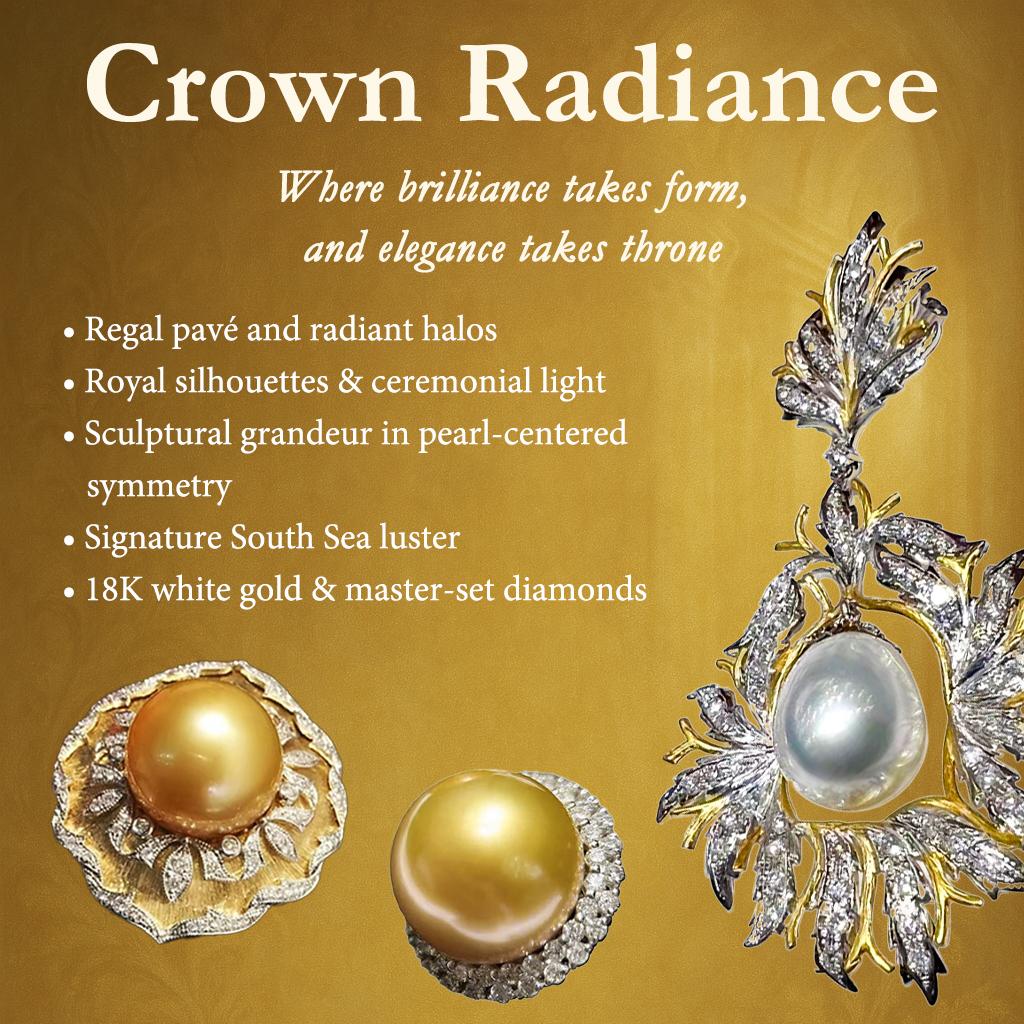 A dazzling statement of opulence and charm.
This magnificent cocktail ring features a rare 12–13 mm AAAA-grade White South Sea Pearl, paired with a grand pavé diamond bow and strands of luminous baby pearls. Handcrafted in 18k white gold, the