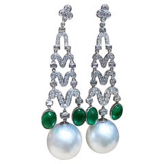 【Crown Radiance】Imperial Arch ASouth Sea Pearl Emerald Diamond Dangle Earrings