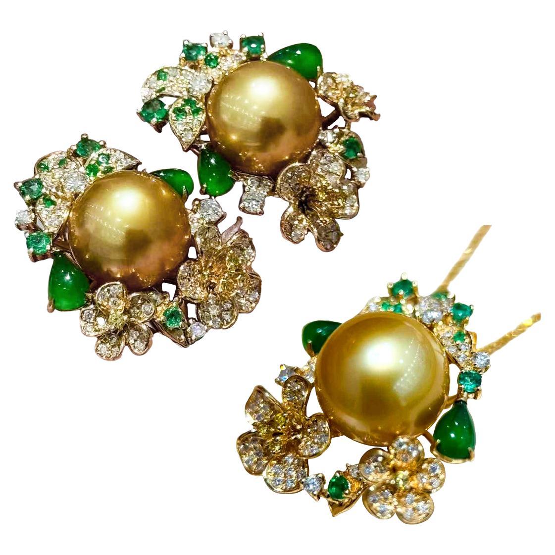 【Corona Radiance】Imperial Blossom South Sea Pearl & A Jadeite Jewelry Set en venta