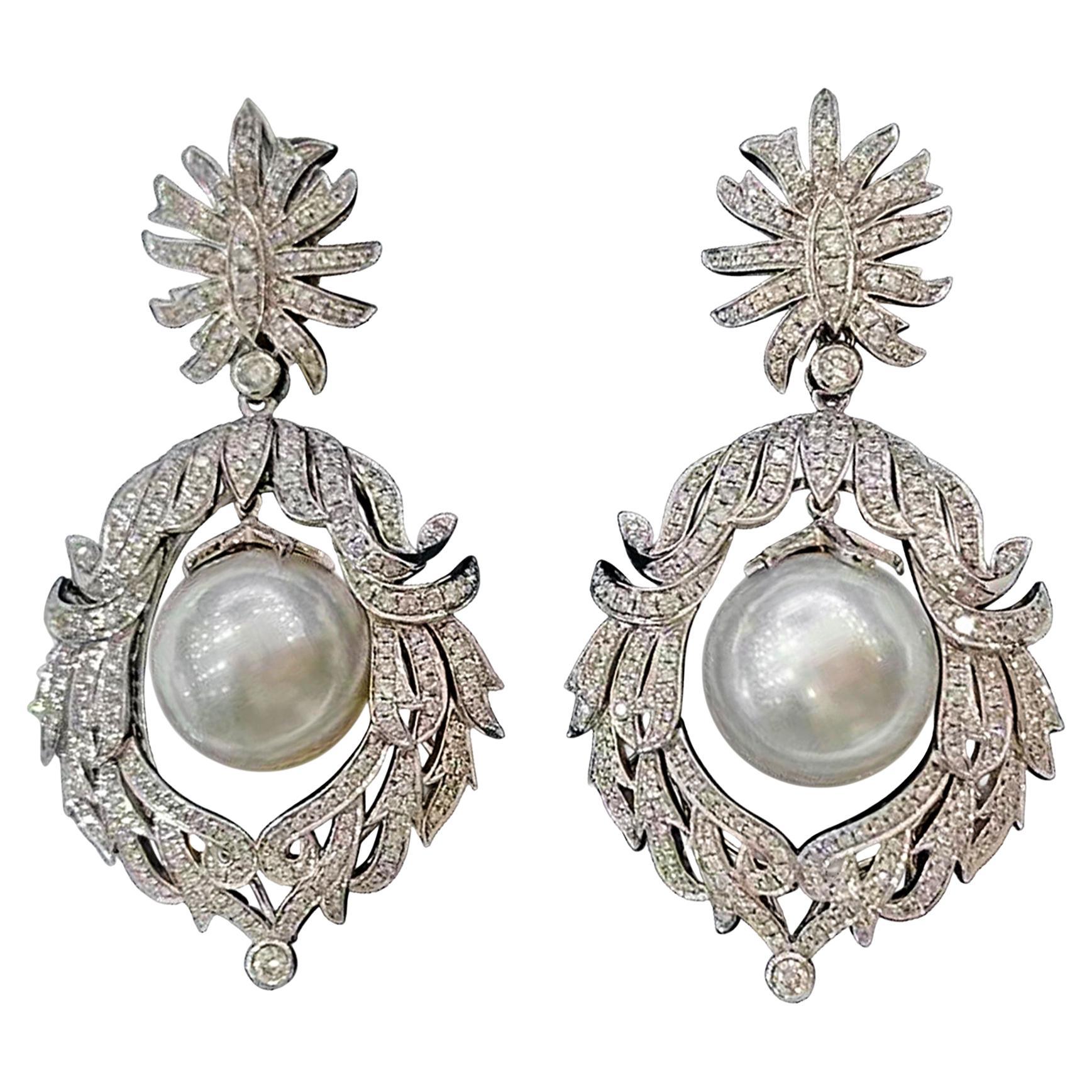 【Crown Radiance】Imperial Laurel South Sea Pearl Diamond Earrings