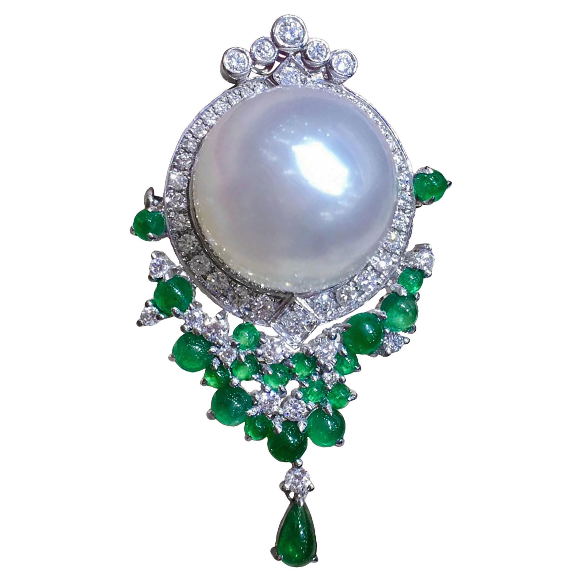【Crown Radiance】Majestic Bloom Emerald South Sea Pearl Diamond Brooch Pendant