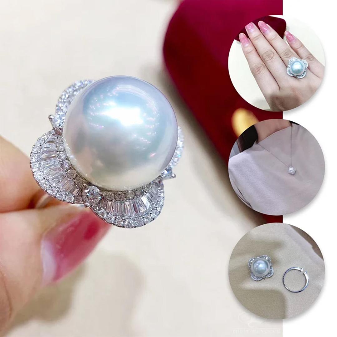 Uncut 【Crown Radiance】Petal-Edge Diamond South Sea Pearl Convertible Ring Pendant For Sale