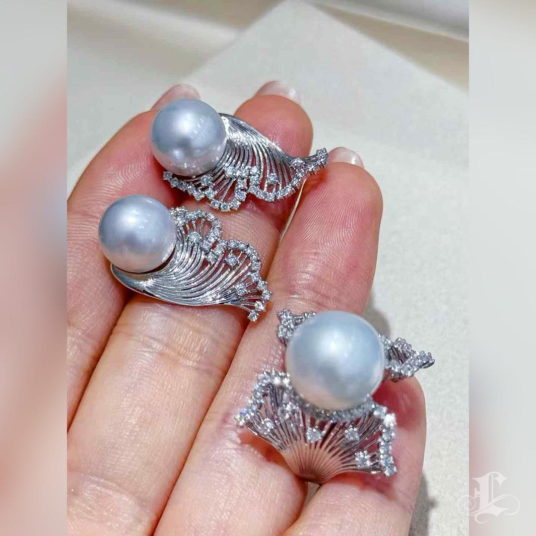 Crown Radiance】Phoenix Feder Südsee Perle & Diamant Ohrringe & Ring Set im Angebot 5