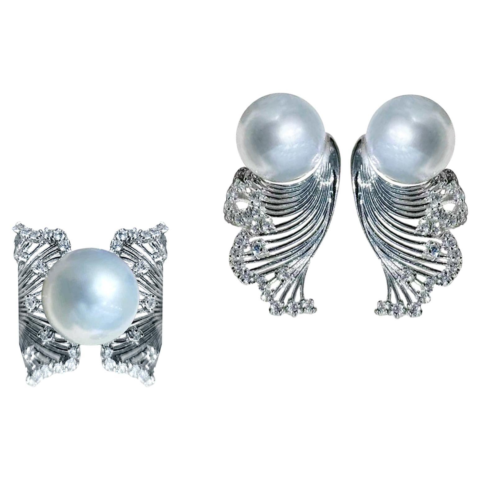 【Crown Radiance】Phoenix Feather South Sea Pearl 
Diamond Earrings 
Ring Set