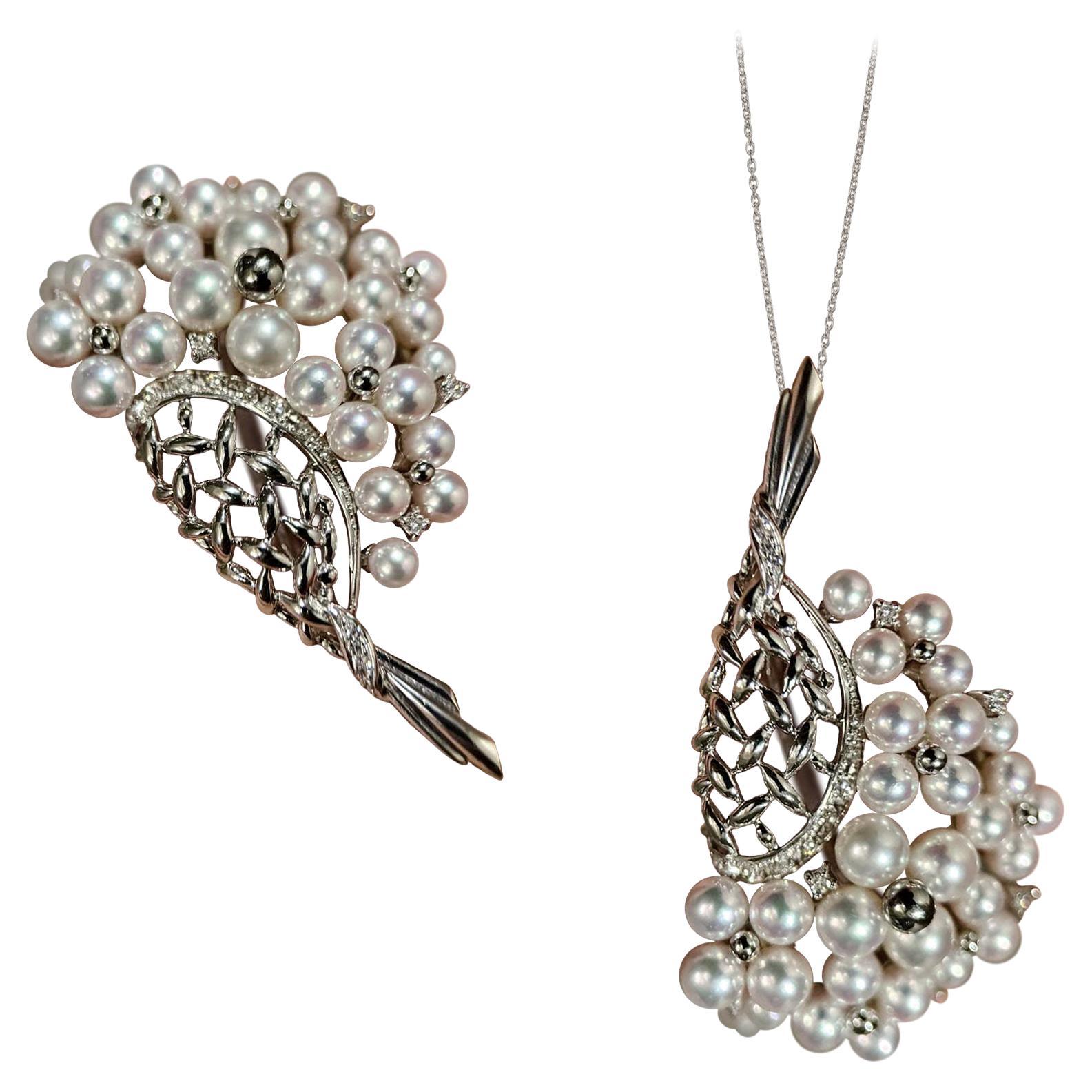 【Vine Symphony】PSL Certified Convertible Akoya Pearl & Diamond Brooch-Pendant