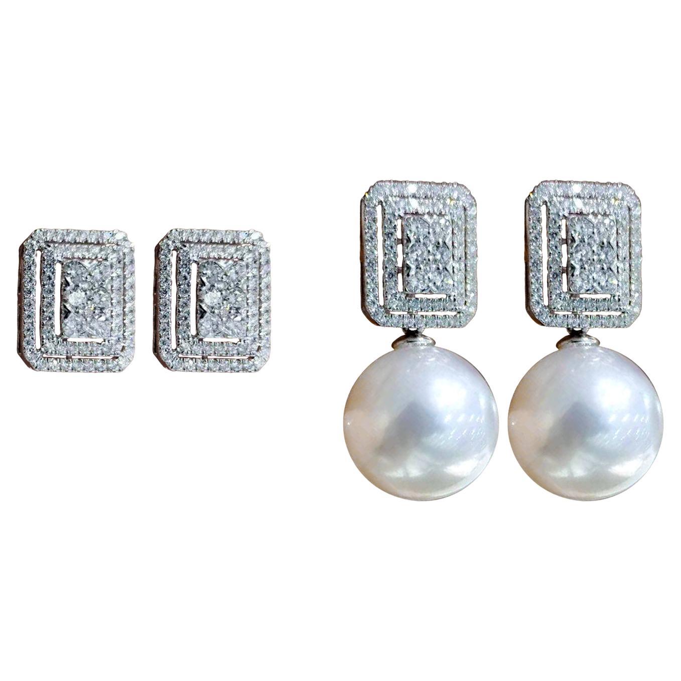 【Crown Radiance】PSL Certified Convertible South Sea Pearl & Diamond Earrings For Sale