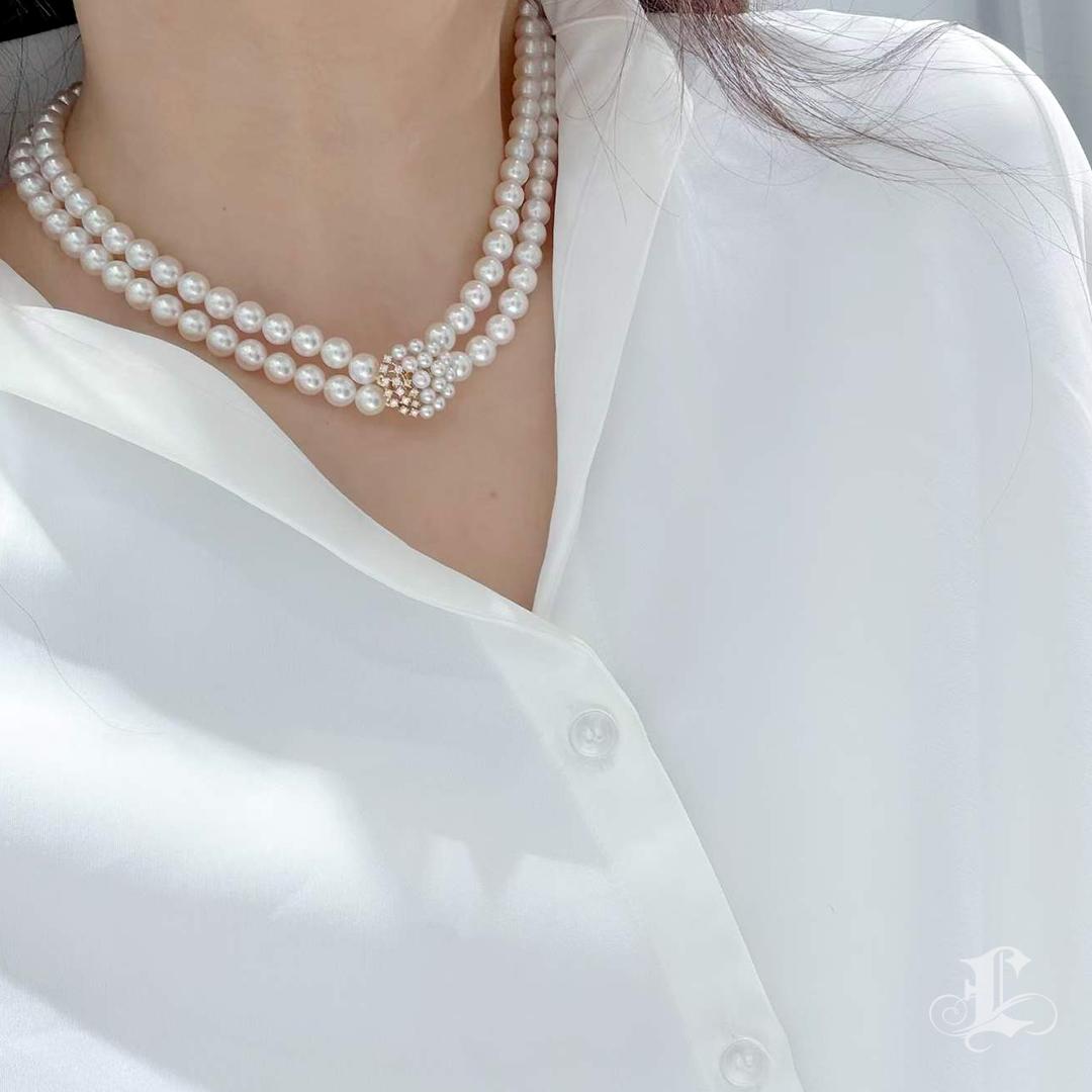 Grezzo Collana a doppio filo con perle rosa Akoya e diamanti certificata PSL in vendita