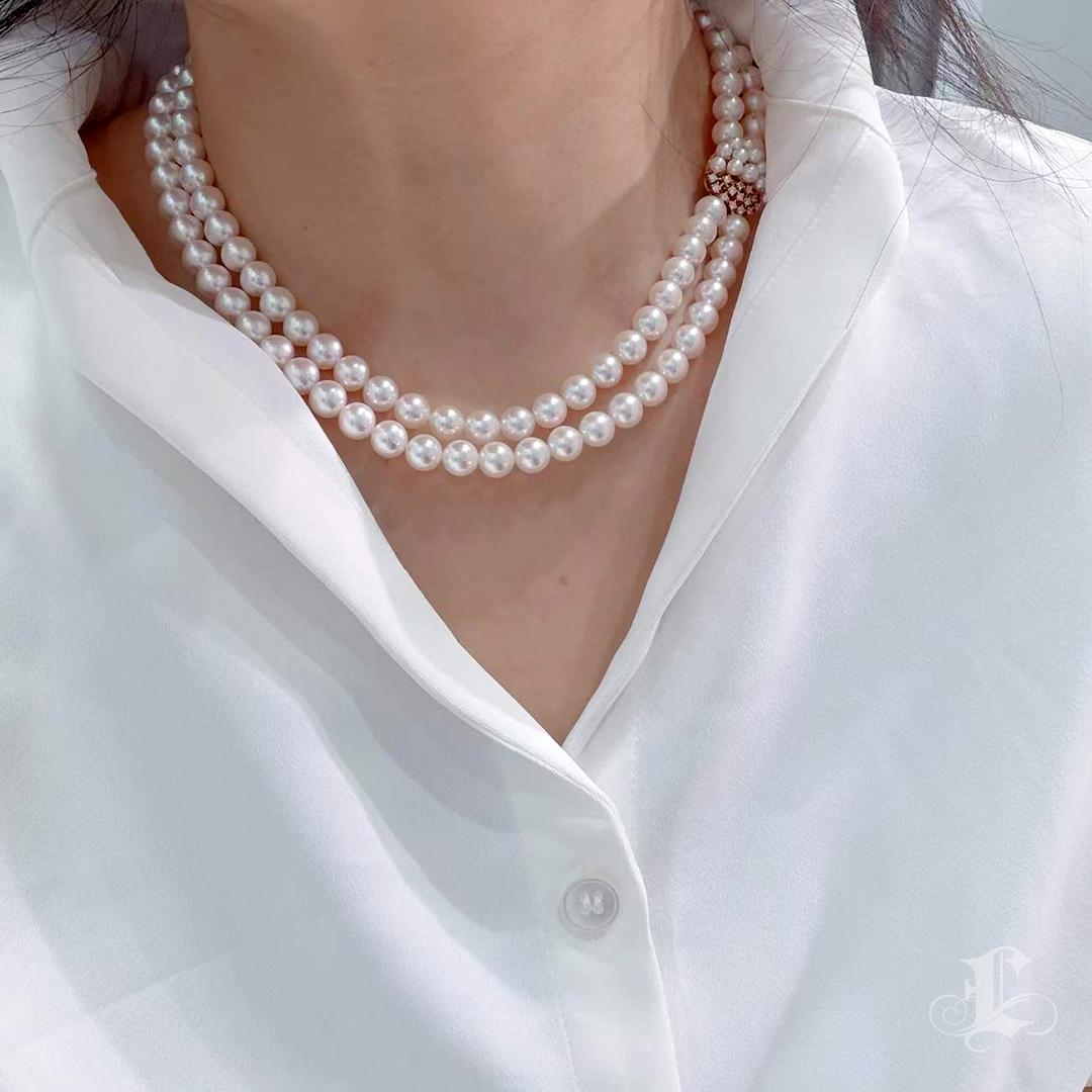 Collana a doppio filo con perle rosa Akoya e diamanti certificata PSL In condizioni Nuovo in vendita a New York, NY