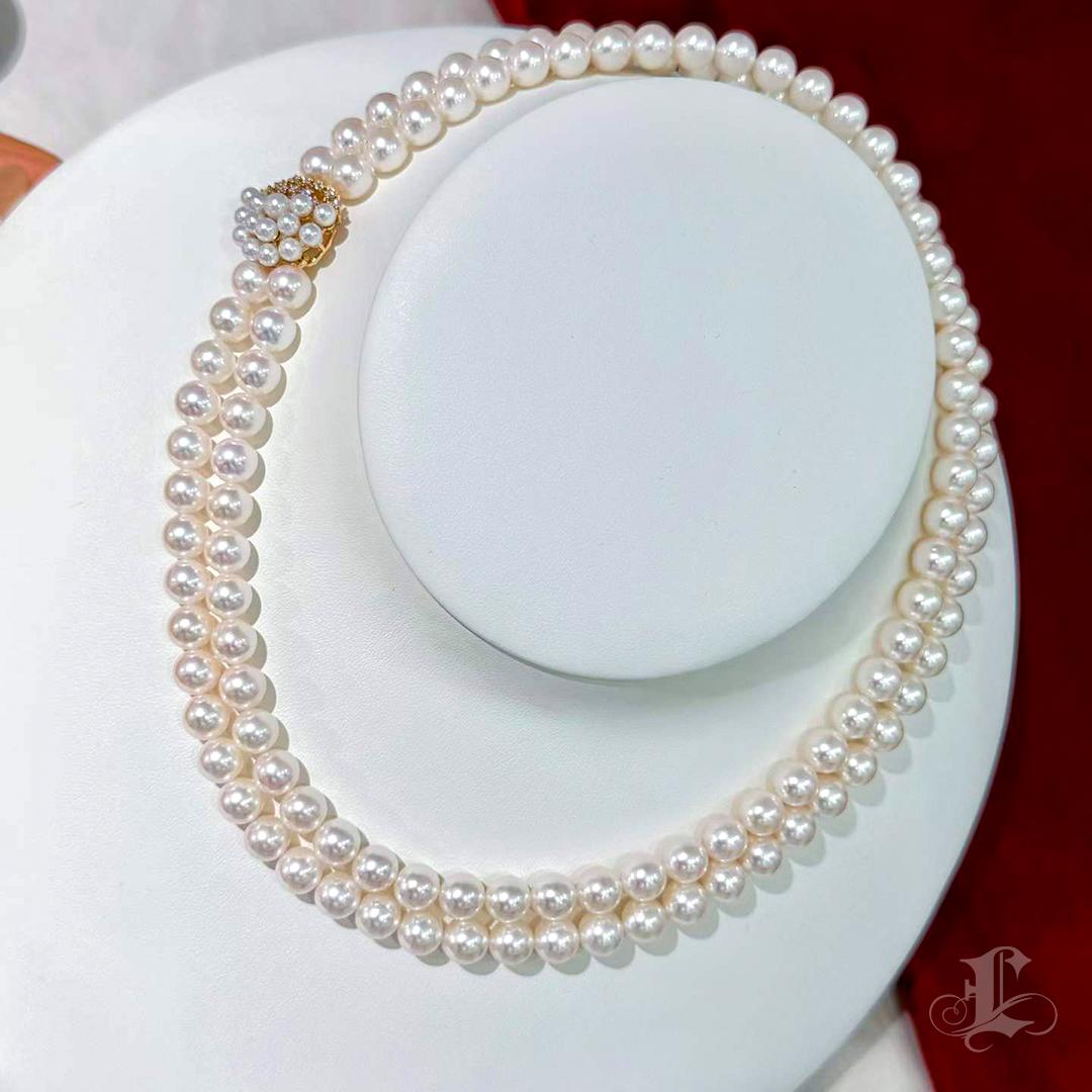 Collana a doppio filo con perle rosa Akoya e diamanti certificata PSL in vendita 1