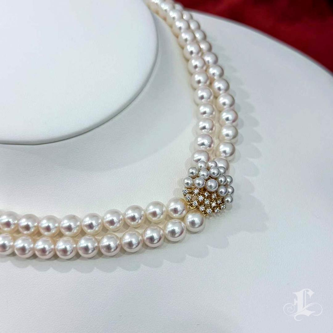 Collana a doppio filo con perle rosa Akoya e diamanti certificata PSL in vendita 3