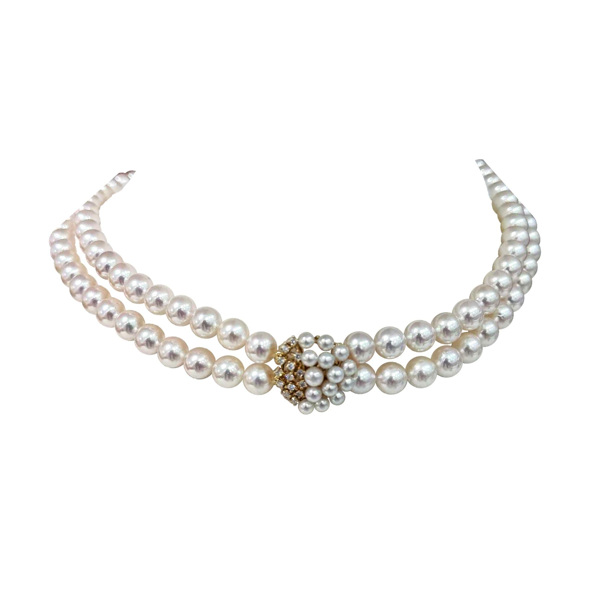 Collana a doppio filo con perle rosa Akoya e diamanti certificata PSL