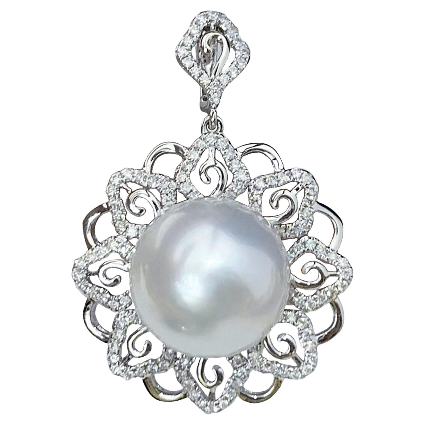 【Crown Radiance】Colgante de diamantes y perlas del mar del sur con flor radiante de aurora