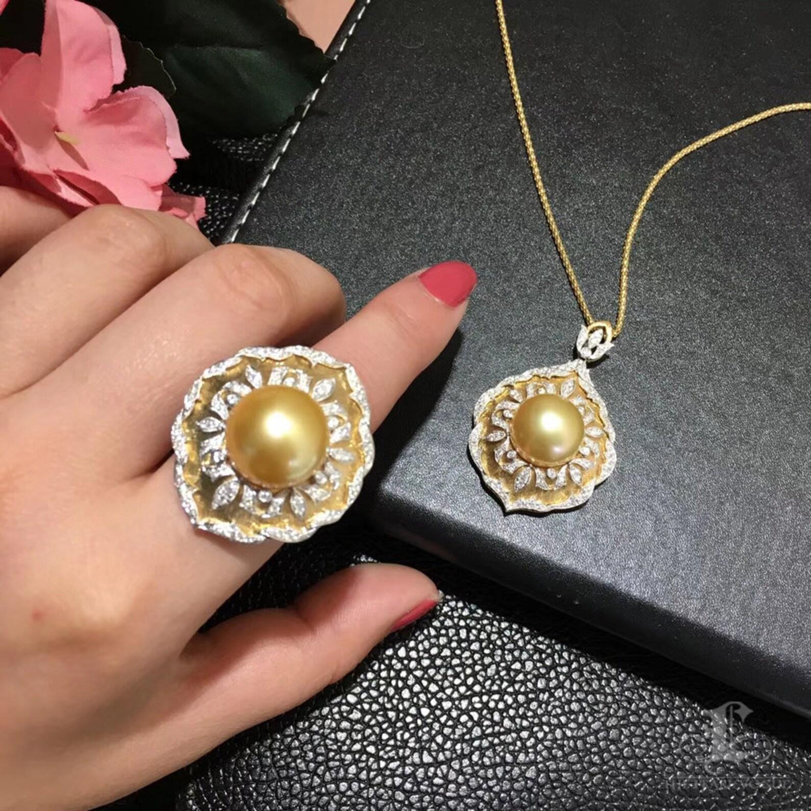 Grezzo Anello con diamanti di perle dei mari del sud da 14-15 mm in vendita