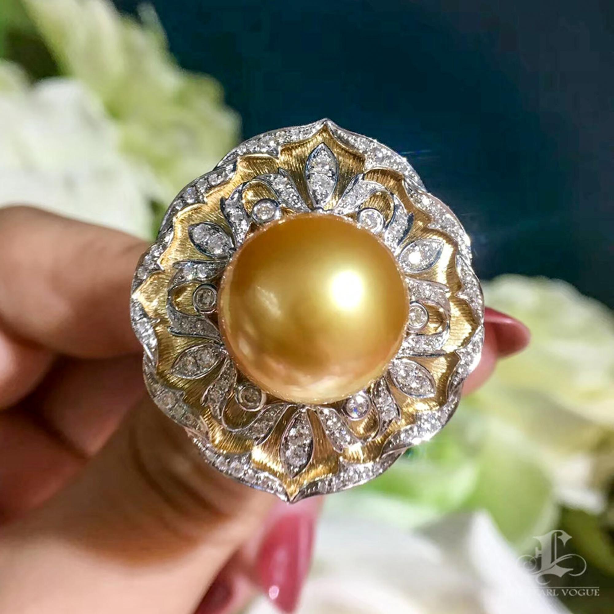 Donna Anello con diamanti di perle dei mari del sud da 14-15 mm in vendita